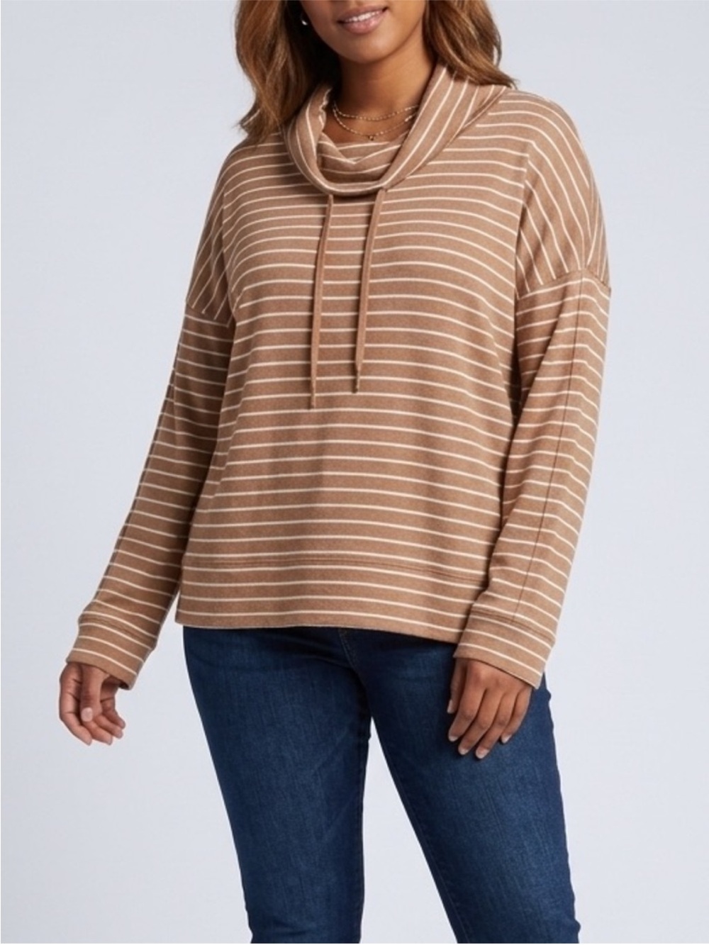 Haven Well Within Brown White Striped Cowl Neck Sweatshirt Cotton Loungewear L